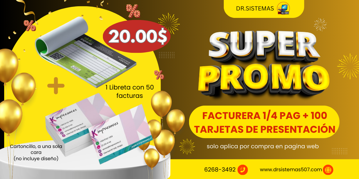 Super Promo $20: facturera 1/4 de página (1 libreta con 50 facturas) + 100 tarjetas de presentación